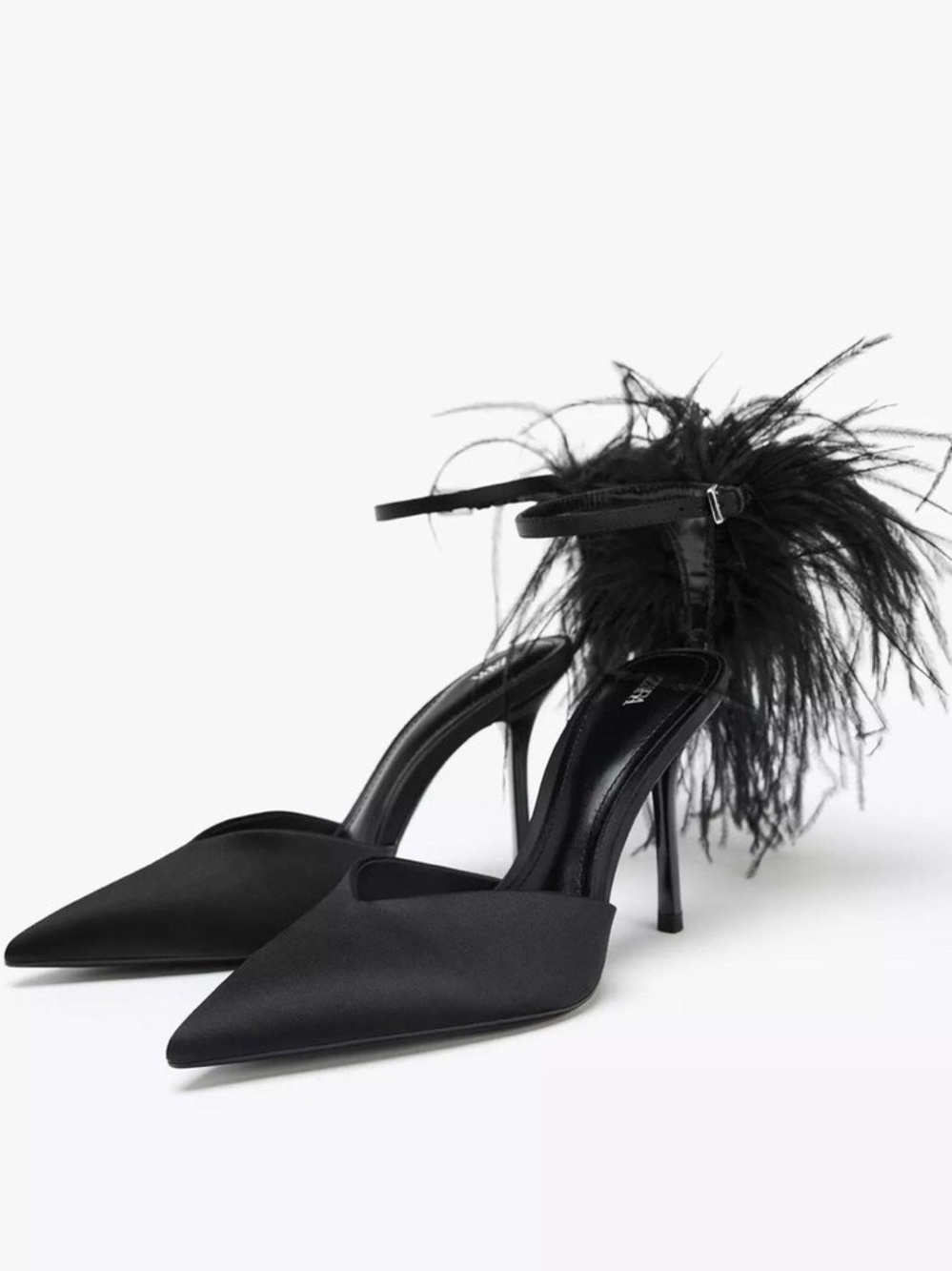 Zara Feather Ankle-Strap Pointed Toe Pumps - Black